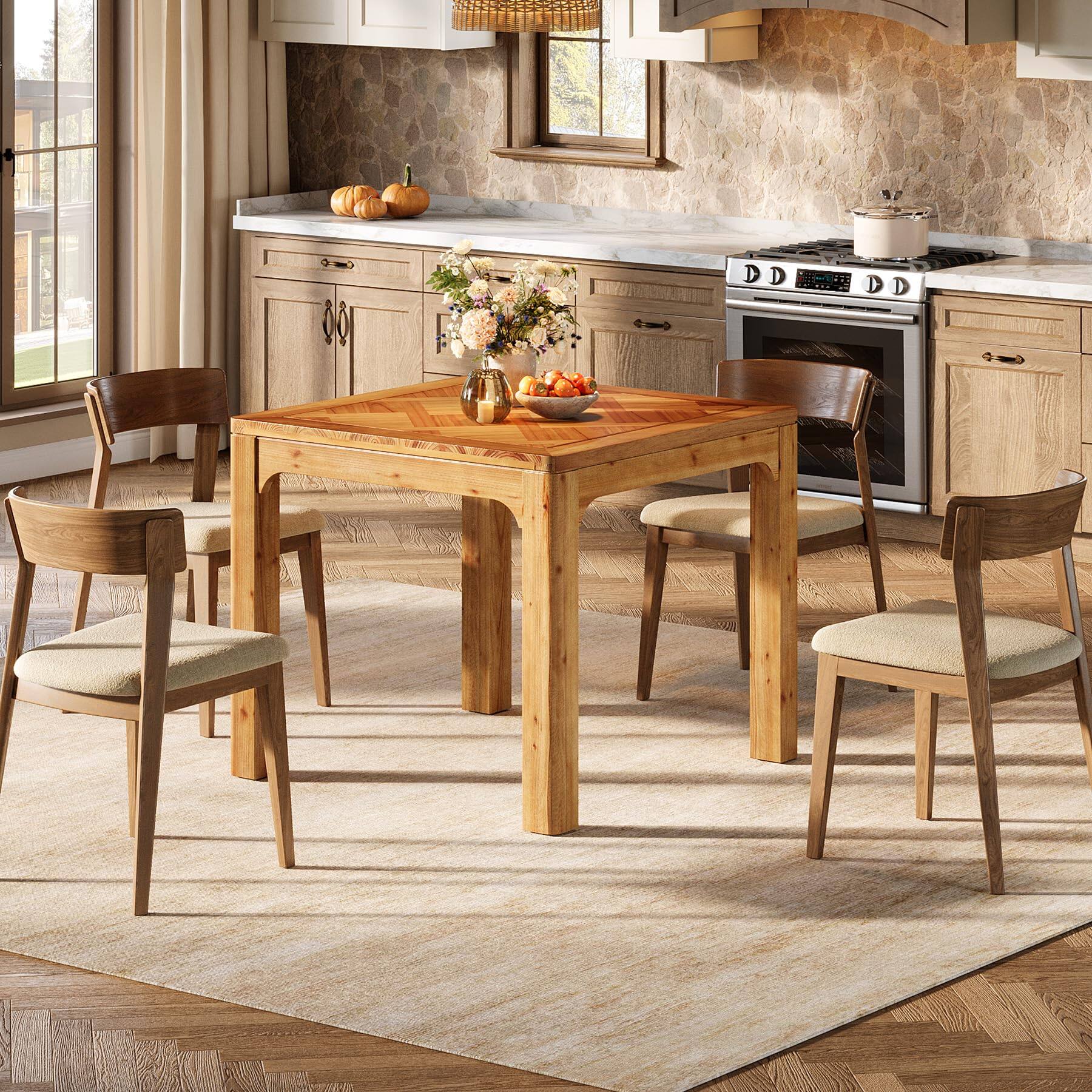 Alt View 4. Tribesigns - 31.5" Square Farmhouse Dining Table, Solid Wood Rustic Kitchen Table with 3D Textured Tabletop, Wooden Dinner for Dining - Rustic Brown.