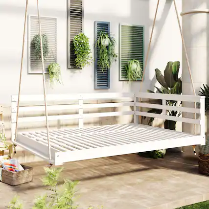 Front. APRILSOUL - Acacia Wood Porch Swing Bed for Outdoor Full Size Patio Hanging Bed 350lbs Capacity for Patio Backyard Garden White - White.