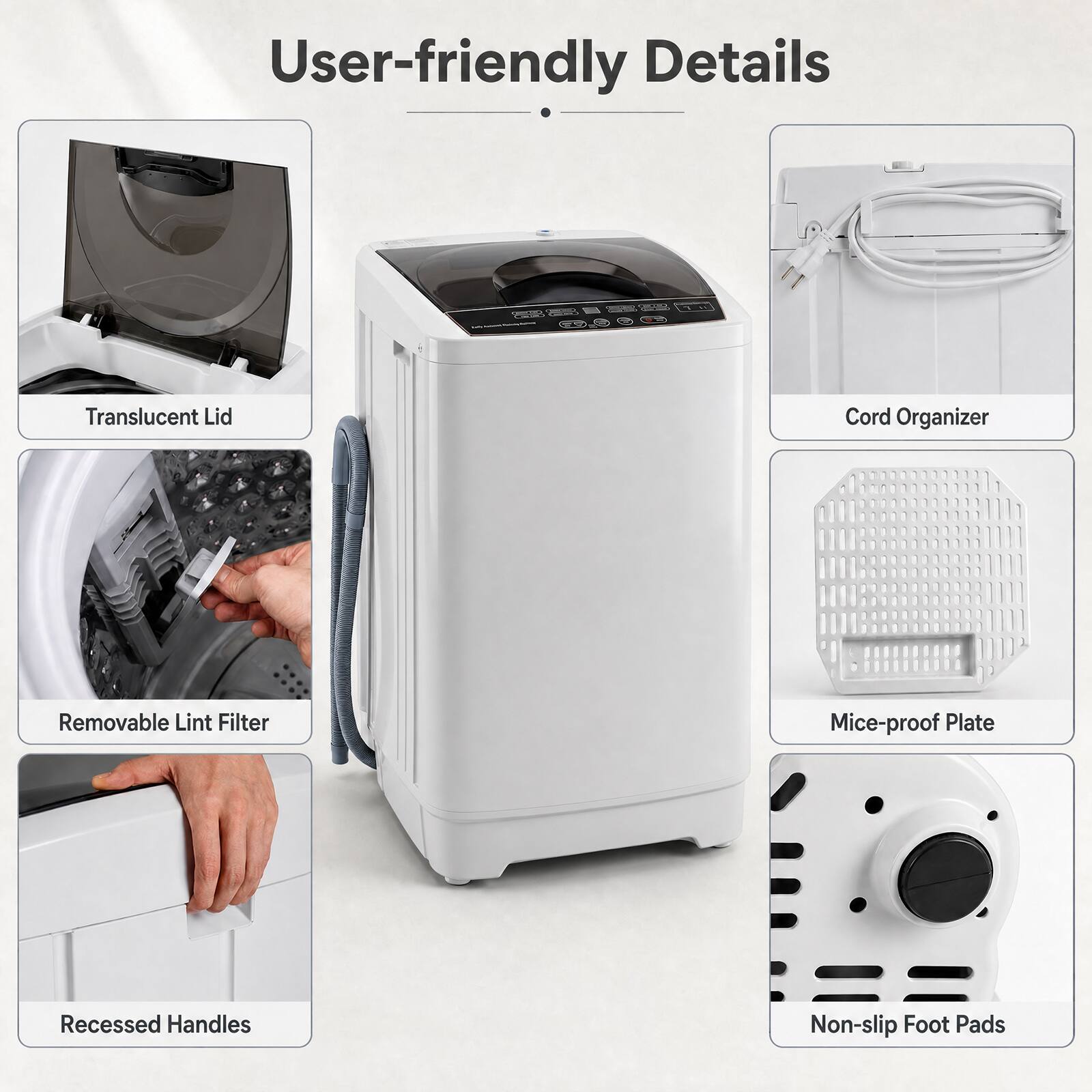 User-friendly Details

- Translucent Lid
- Cord Organizer
- Removable Lint Filter
- Mice-proof Plate
- Recessed Handles
- Non-slip Foot Pads