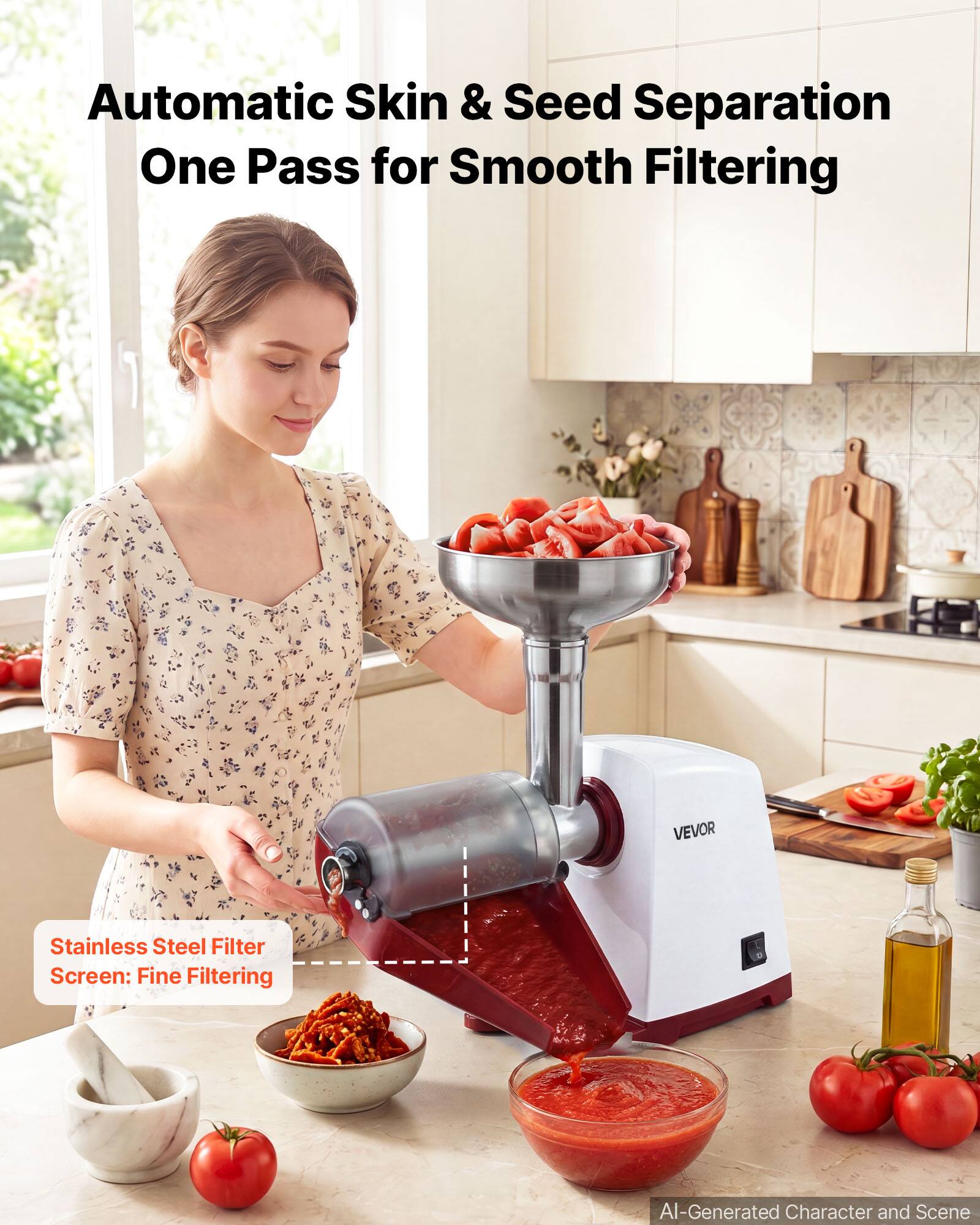 Automatic Skin & Seed Separation One Pass for Smooth Filtering

VEVOR

Stainless Steel Filter Screen: Fine Filtering

AI-Generated Character and Scene