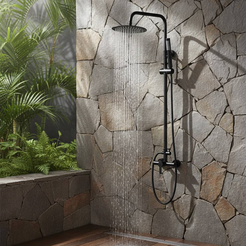 Alt View 1. Dazzed Corner - Wall Mount Dual Function Stainless Steel Outdoor Shower Fixtures with Single Handle - Matte Black.