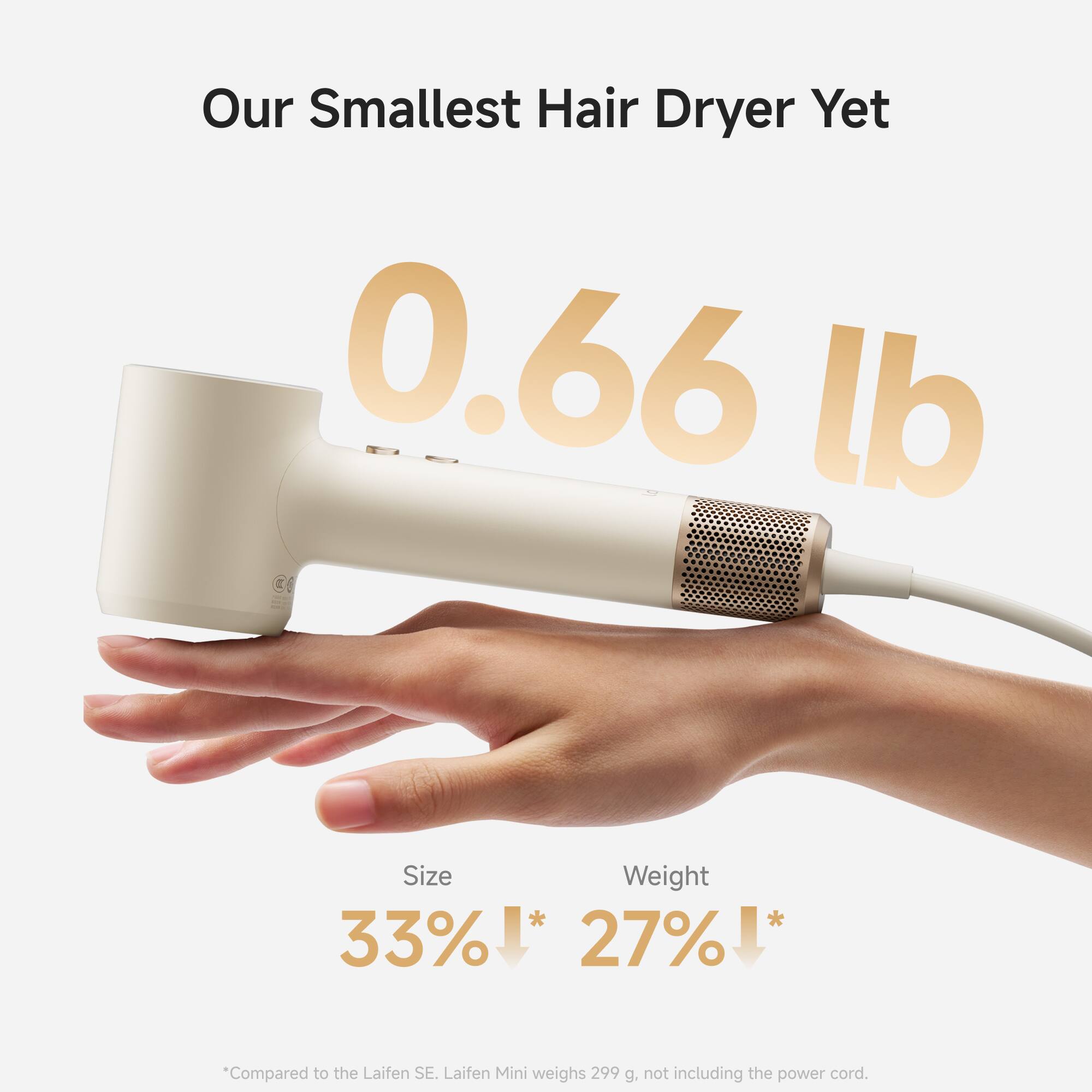 Our Smallest Hair Dryer Yet  
0.66 lb  

Size: 33%  
Weight: 27%  

*Compared to the Laifen SE. Laifen Mini weighs 299 g, not including the power cord.