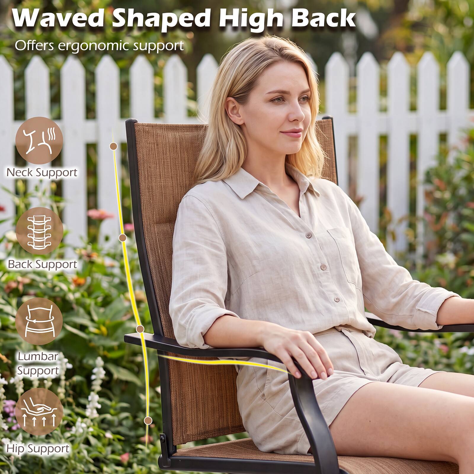 Waved Shaped High Back Offers ergonomic support

- Neck Support
- Back Support
- Lumbar Support
- Hip Support