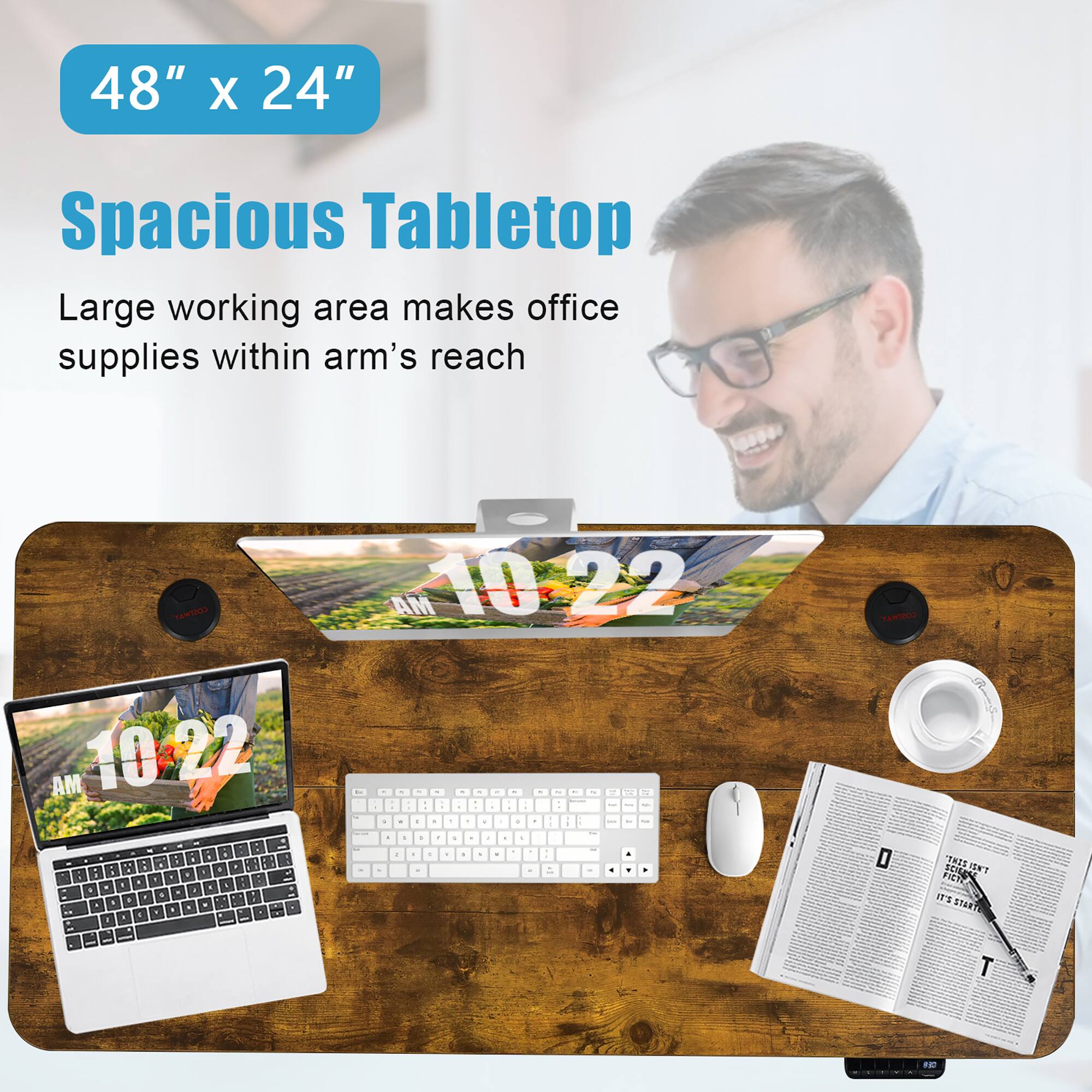 48" x 24"  
Spacious Tabletop  

Large working area makes office supplies within arm's reach  

10:22 AM  
10:22 AM