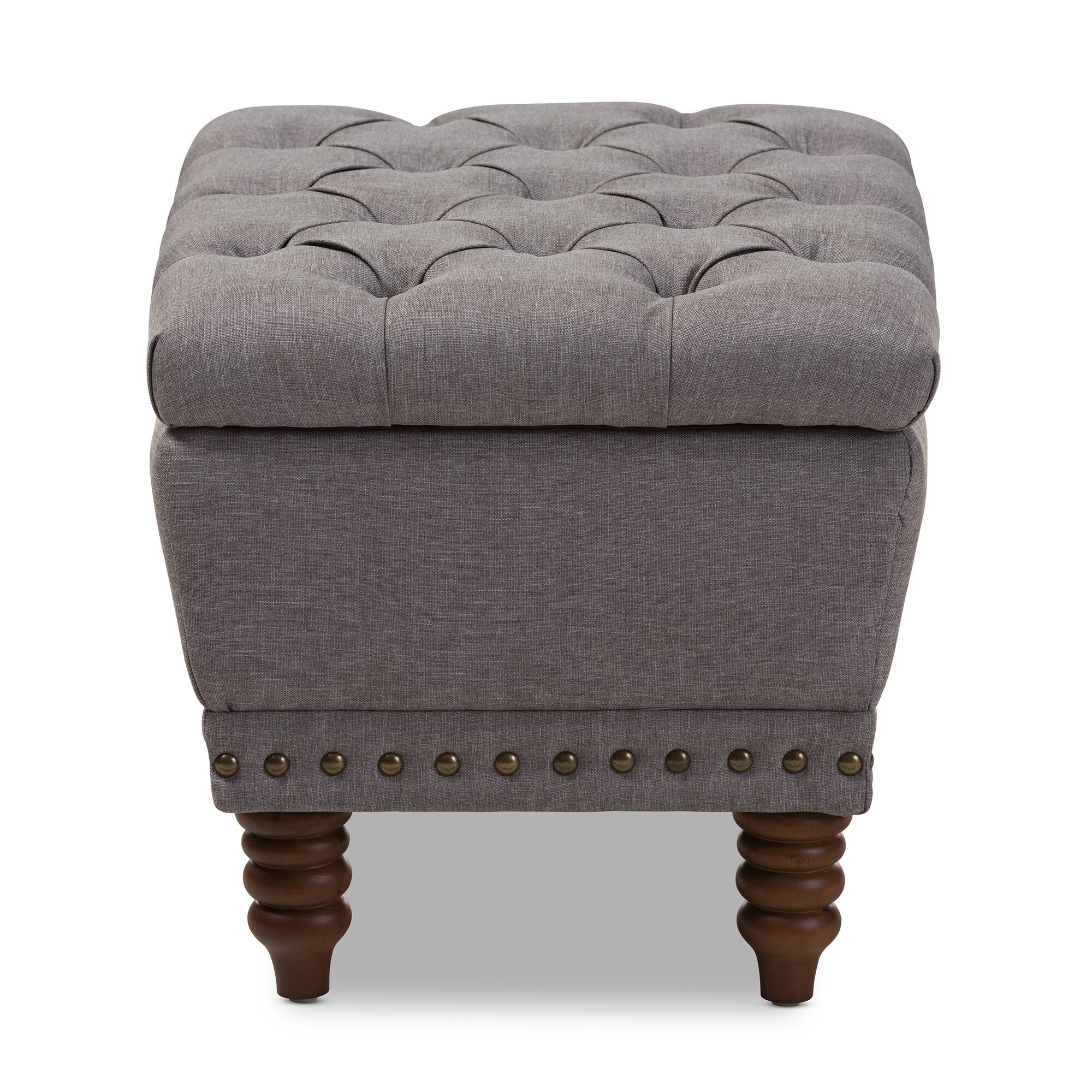 Left. Baxton Studio - Annabelle Modern and Contemporary Fabric Upholstered Walnut Wood Finished Button-Tufted Storage Ottoman - Light Grey.