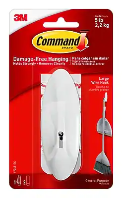3M Command Brand
Damage-Free Hanging
Para colgar sin dañar
Holds Strongly + Removes Cleanly
No deja residuos al retirar
Large Wire Hook
Gancho de alambre grande
5 lb
2,2 kg
General Purpose
1 2