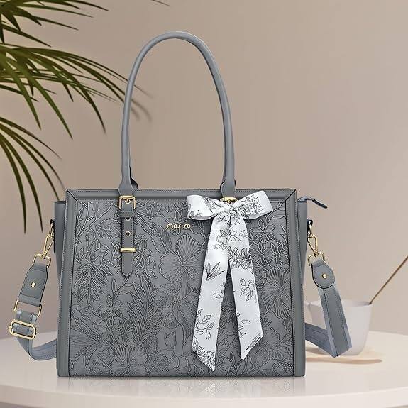 Left. mosiso - Laptop Bag for Women 17-17.3 inch PU Leather Tote Bag Work Briefcase Computer Bags - Gray.