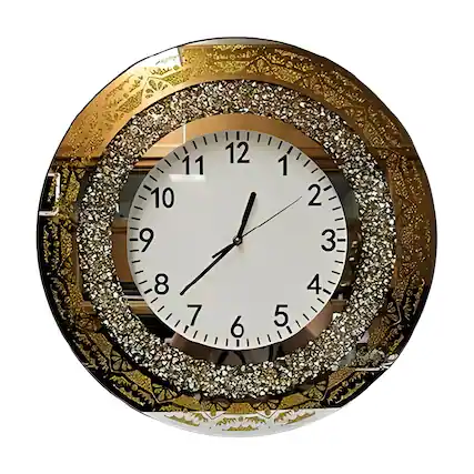 Front. FC Design - 19"H Gold & Mirrored Ornate Glitter Round Wall Clock - Timeless Decorative Piece - Multicolor.