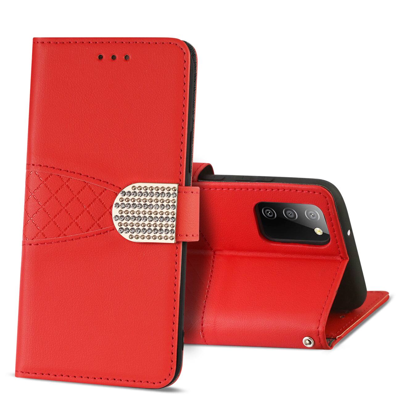 Front. Reiko - Samsung Galaxy A02S  3-In-1 Wallet Case In Red - Red.
