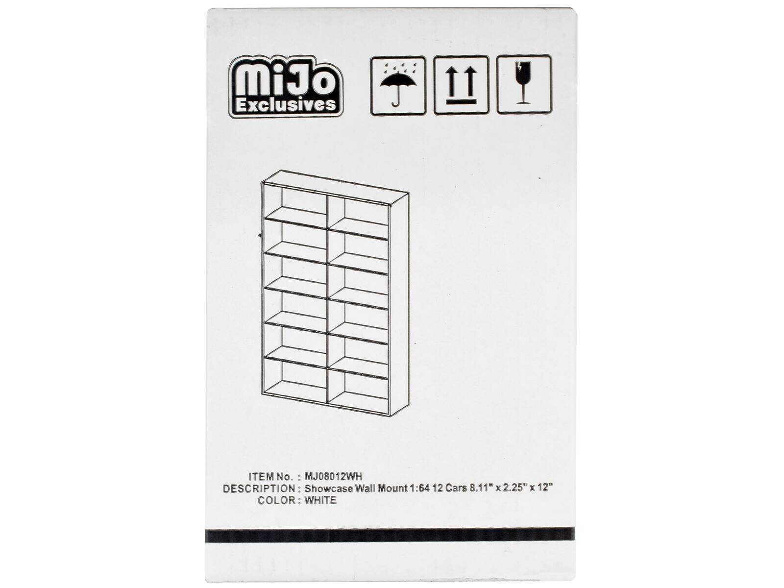 MiJo Exclusives

ITEM No. : MJ08012WH  
DESCRIPTION: Showcase Wall Mount 1:64 12 Cars 8.11" x 2.25" x 12"  
COLOR: WHITE