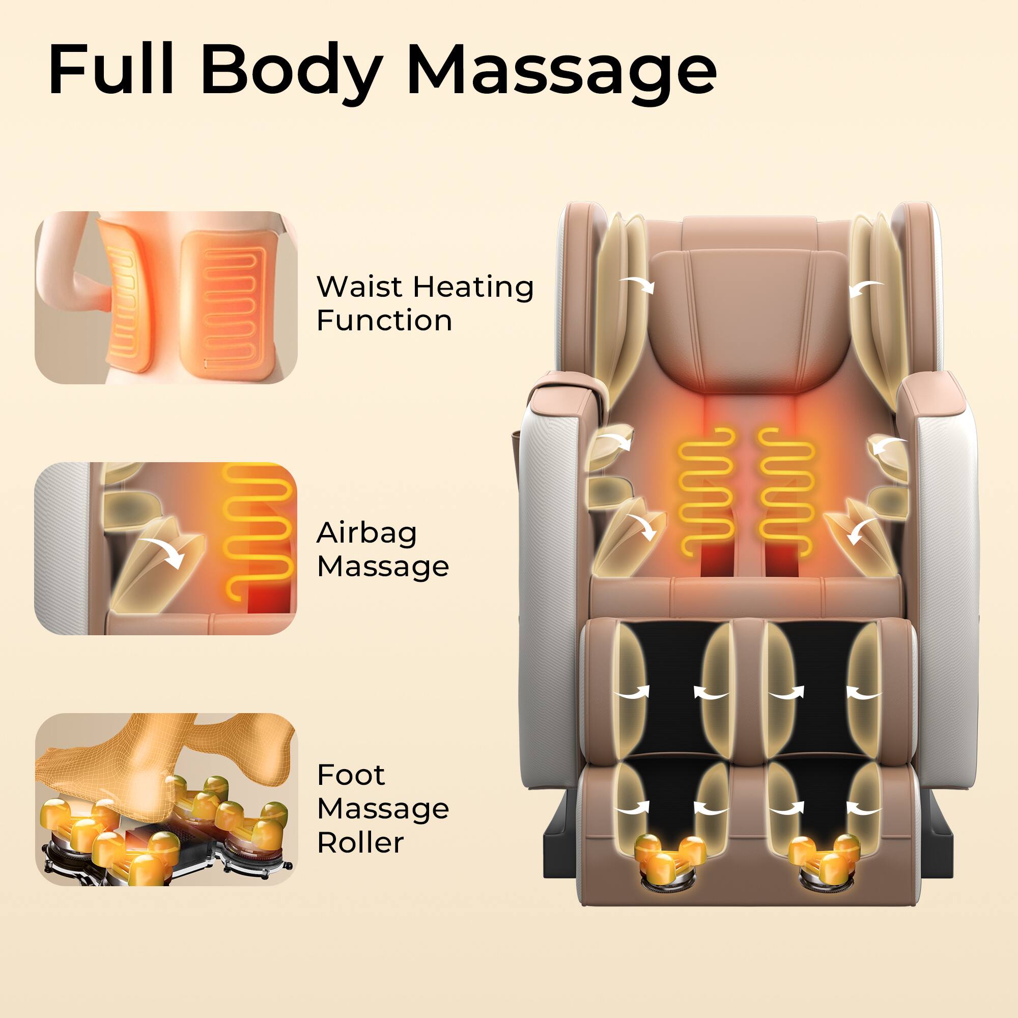 Full Body Massage

- Waist Heating Function
- Airbag Massage
- Foot Massage Roller