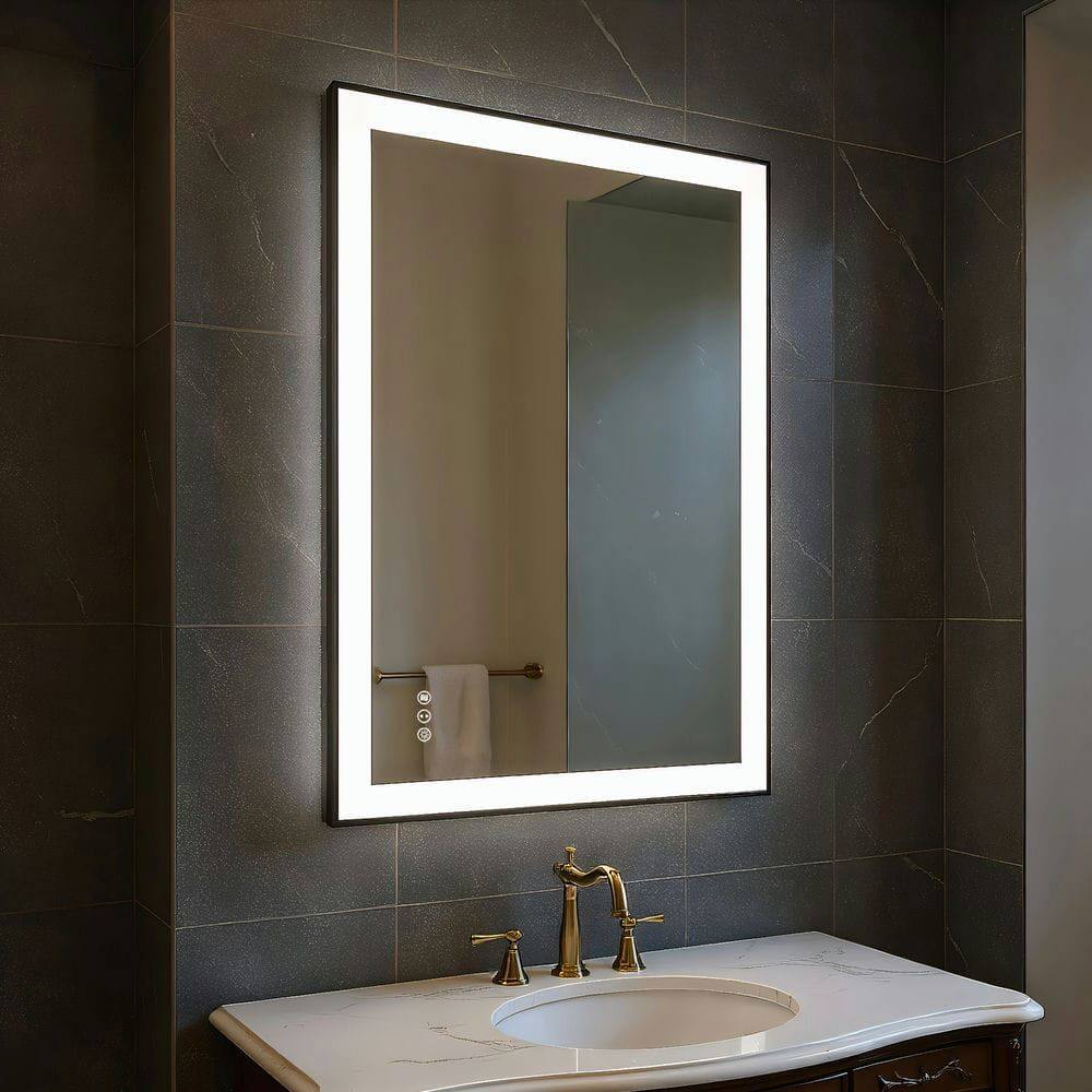 Alt View 7. Kadyn - 36x28 Inch Vertical Rectangle LED Bathroom Mirror with Black Metal Frame - Black.