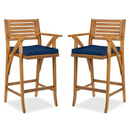 Best Choice Products - Set of 2 Outdoor Acacia Wood Bar Stools Bar Chairs w/ Weather-Resistant Cushions - Navy