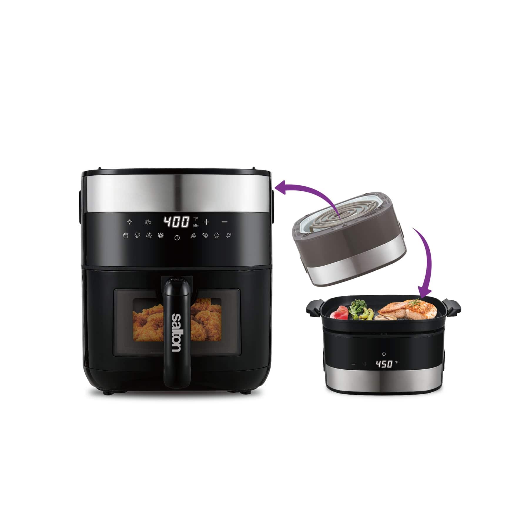Salton - Flip & Cook 3-in-1 185oz Air Fryer, Grill, & Dehydrator with Viewing Window - Black
