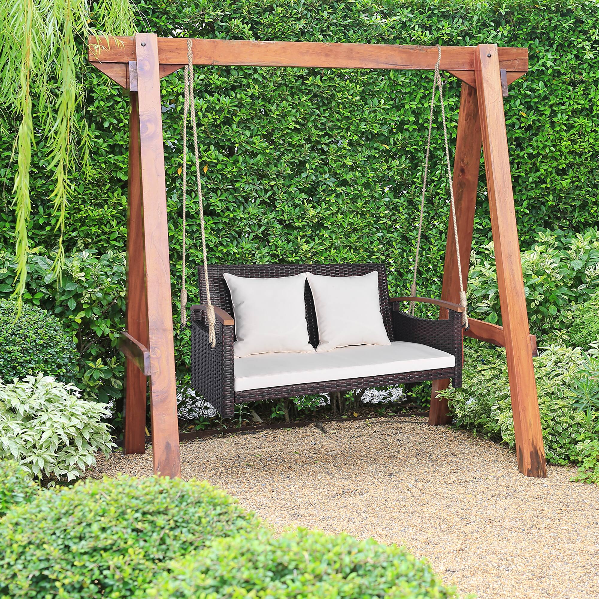 Alt View 3. Gymax - Gymax 2-seater hanging swing porch swing PE wicker swing outdoor hanging swing garden poolside - Mix Brown, White.