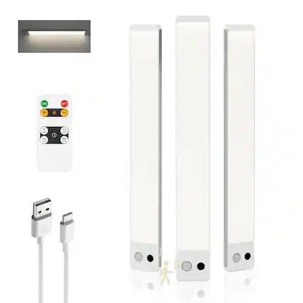 Front. Dawnrise - 12 in. Rechargeable Under Cabinet Light Motion Sensor, 4000K Dimmable with Remote Control,3 Packs.
