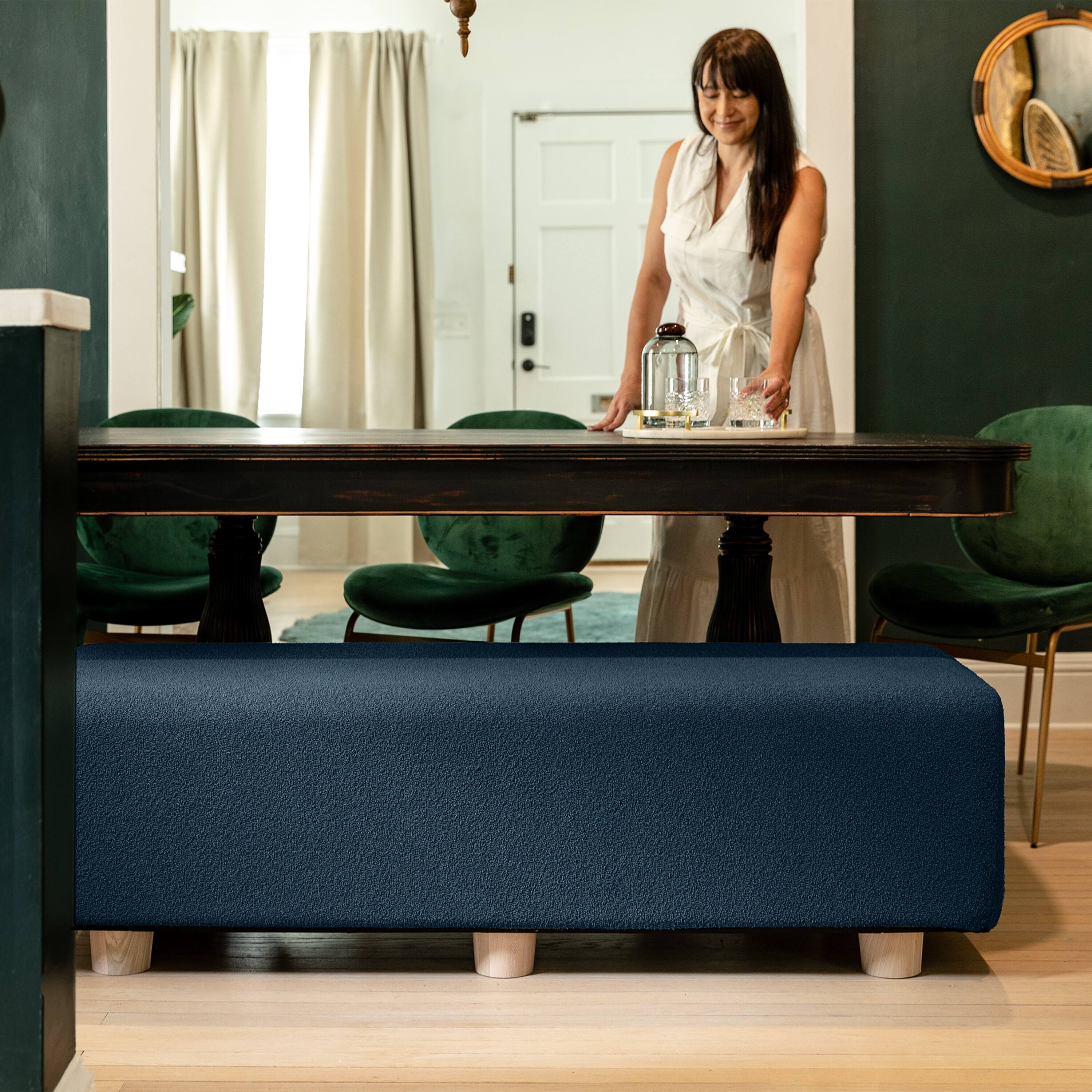 Left. Jaxx - Jaxx Caya 4-in-1 Large Bed Bench, Giant Ottoman, Dining Bench, and Yoga and Massage Platform, King, Boucle Navy - Navy.