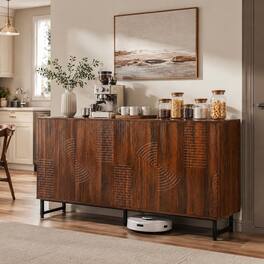 RYHNUYNE - Freestanding Mid-Century Modern Walnut Sideboard Buffet Cabinet with Geometric Carved Storage, Metal Legs - Wood