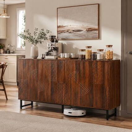 Front. RYHNUYNE - Freestanding Mid-Century Modern Walnut Sideboard Buffet Cabinet with Geometric Carved Storage, Metal Legs - Wood.