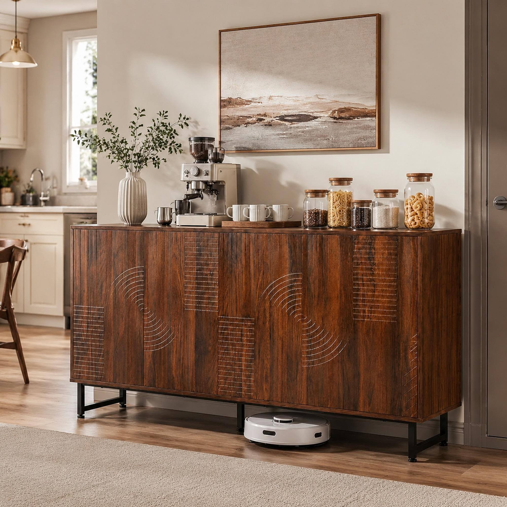 Front. RYHNUYNE - Freestanding Mid-Century Modern Walnut Sideboard Buffet Cabinet with Geometric Carved Storage, Metal Legs - Wood.