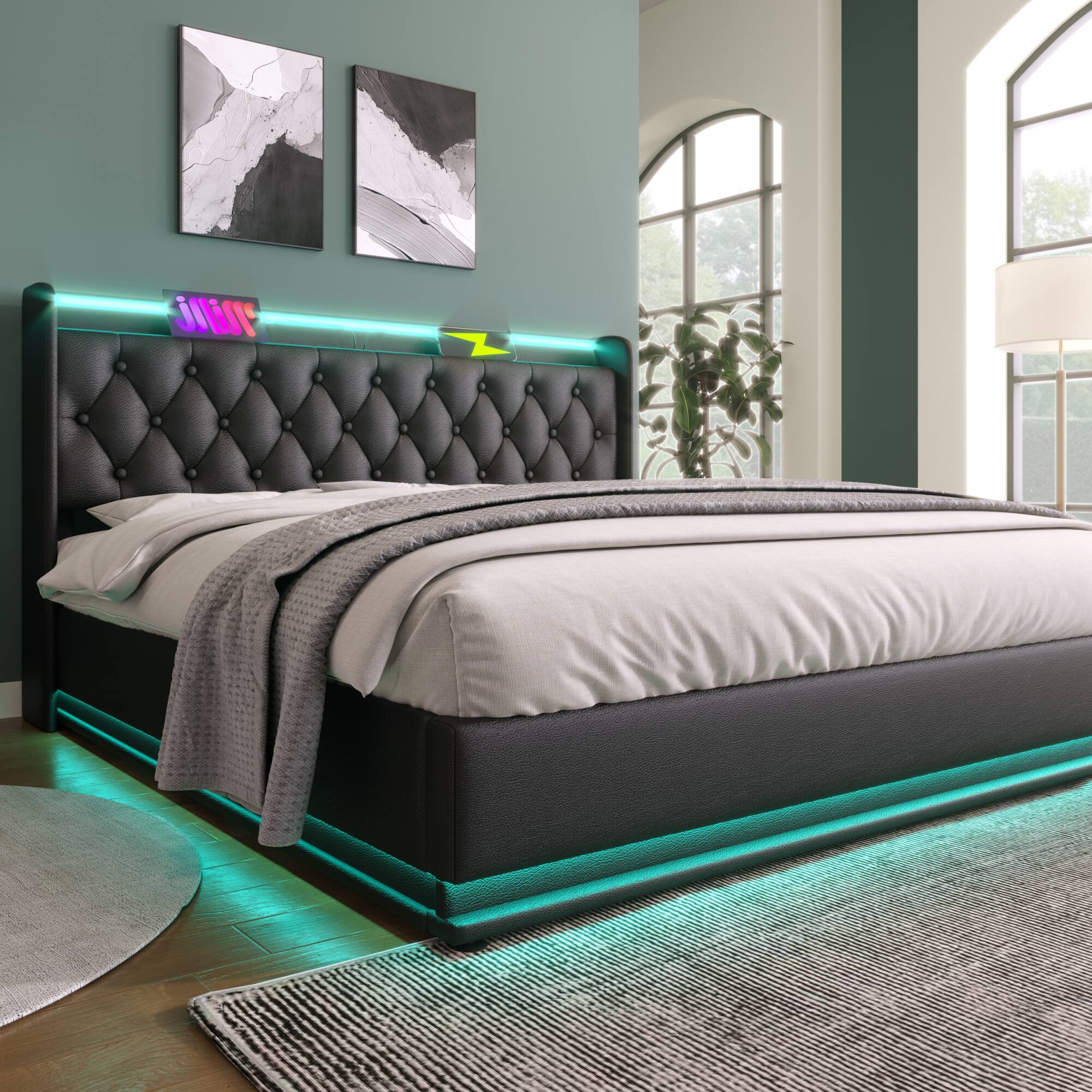 Left. GOODSILO - King Size Upholstered Bed with LED Lighting, Hydraulic Storage, and USB Charging - Black.