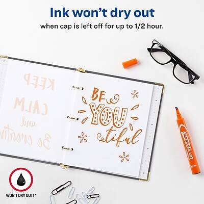 Ink won't dry out when cap is left off for up to 1/2 hour.

KEEP CALM and BE YOU etiful MARKS A LOT WON'T DRY OUT!
