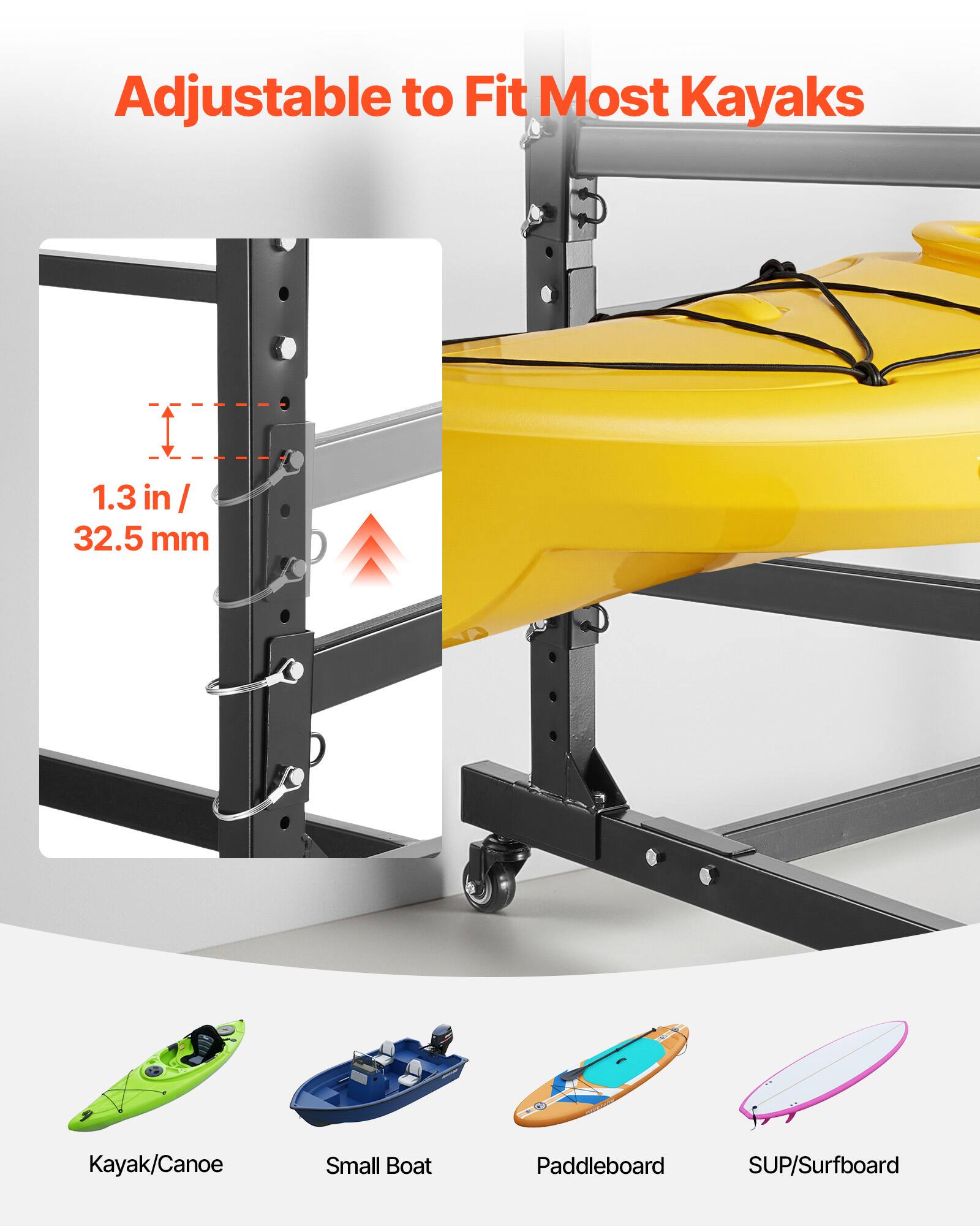 Adjustable to Fit Most Kayaks

1.3 in / 32.5 mm

Kayak/Canoe  
Small Boat  
Paddleboard  
SUP/Surfboard