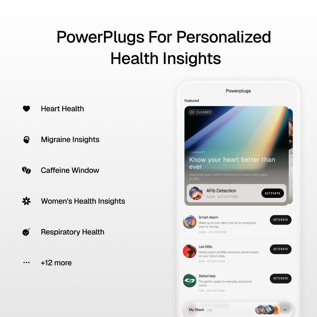 PowerPlugs For Personalized Health Insights

- Heart Health
- Migraine Insights
- Caffeine Window
- Women's Health Insights
- Respiratory Health
- ... +12 more

Powerplugs

Featured CE CLEARED

- Know your heart better than ever
  - Nocturnal heart rhythm monitoring to detect early signs of AFib.
  - AFib Detection
    - 321K+ ACTIVATIONS
    - ACTIVATE

- Smart Alarm
  - Wake up at your ideal time for an energized start to the day.
  - 182K+ ACTIVATIONS
  - ACTIVATE

- Les Mills
  - World-class Les Mills workouts, picked based on your body's data.
  - 19K+ ACTIVATIONS
  - ACTIVATE

- BetterHelp
  - Thoughtful reads for everyday emotional clarity.
  - 79K+ ACTIVATIONS
  - ACTIVATE

My Stack (9)