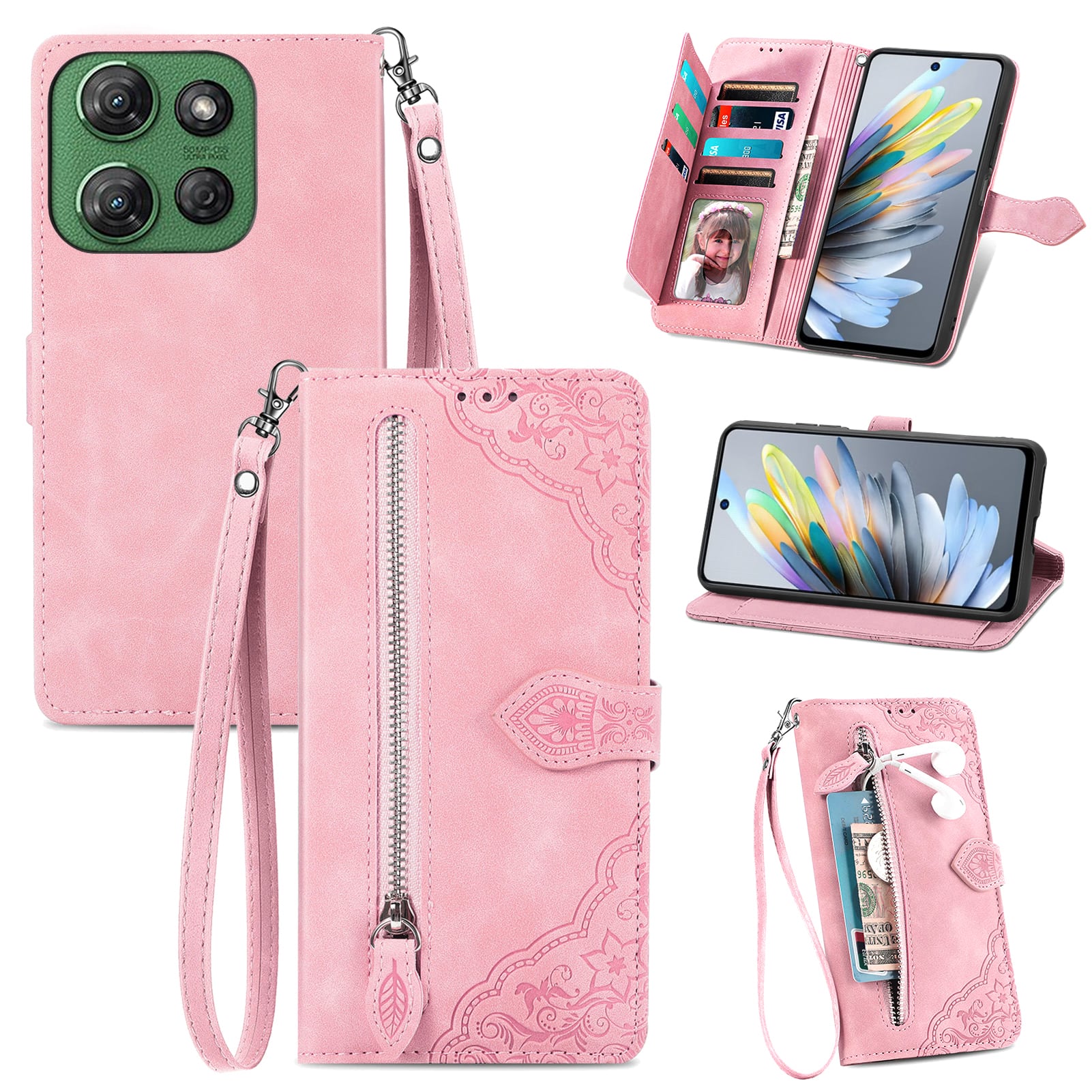 Dteck - for Motorola G Power 5G (2025) Slim Wallet Case,Shockproof PU Leather Card Holder Cover with Zipper Pocket & Wrist Strap - Pink