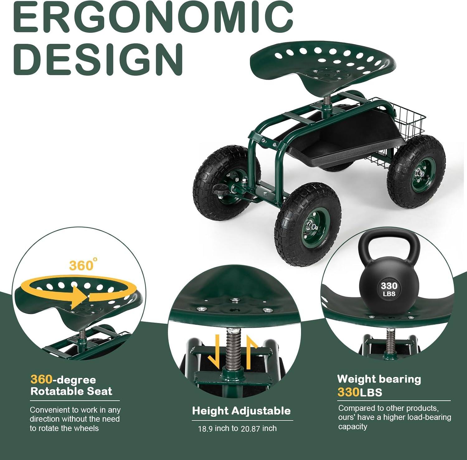 ERGONOMIC DESIGN

360-degree Rotatable Seat
Convenient to work in any direction without the need to rotate the wheels

Height Adjustable
18.9 inch to 20.87 inch

Weight bearing
330LBS
Compared to other products, ours have a higher load-bearing capacity