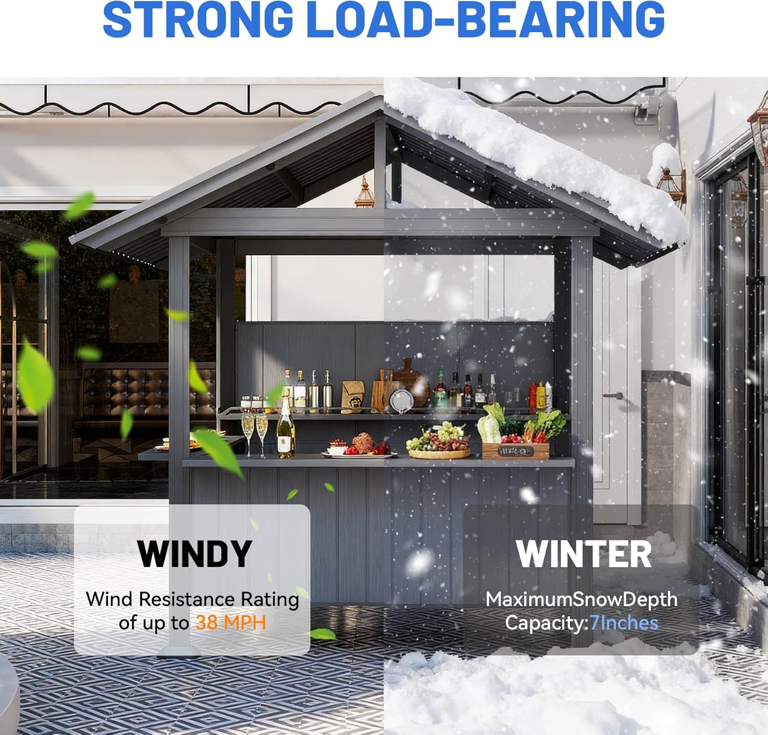 STRONG LOAD-BEARING  
WINDY  
Wind Resistance Rating of up to 38 MPH  
WINTER  
Maximum Snow Depth Capacity: 7 Inches