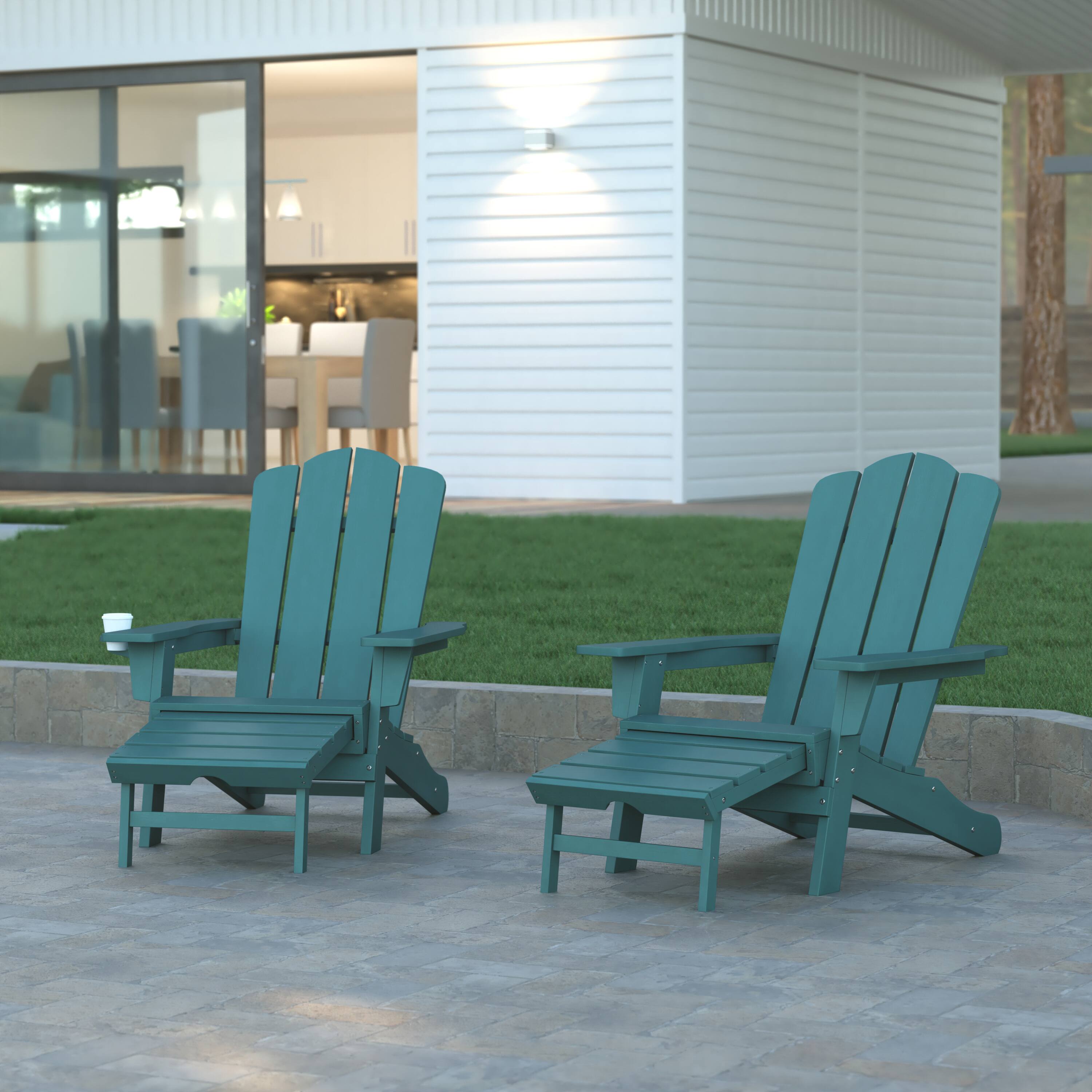 Alt View 2. Emma + Oliver - Tiverton Set of 2 Adirondack Chairs with Cup Holders and Pull Out Ottoman, All-Weather HDPE Indoor/Outdoor Lounge Chairs - Blue.