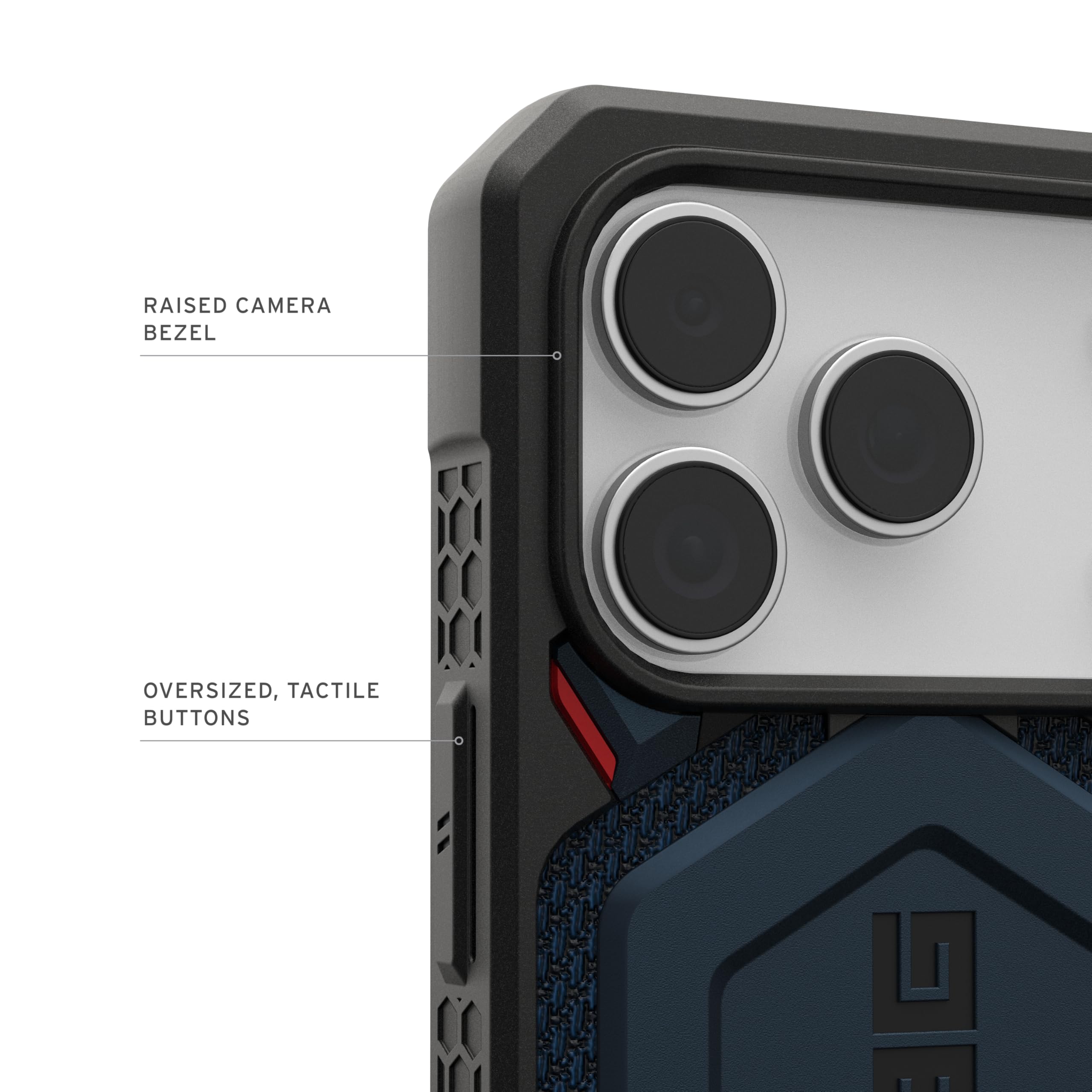 RAISED CAMERA BEZEL  
OVERSIZED, TACTILE BUTTONS