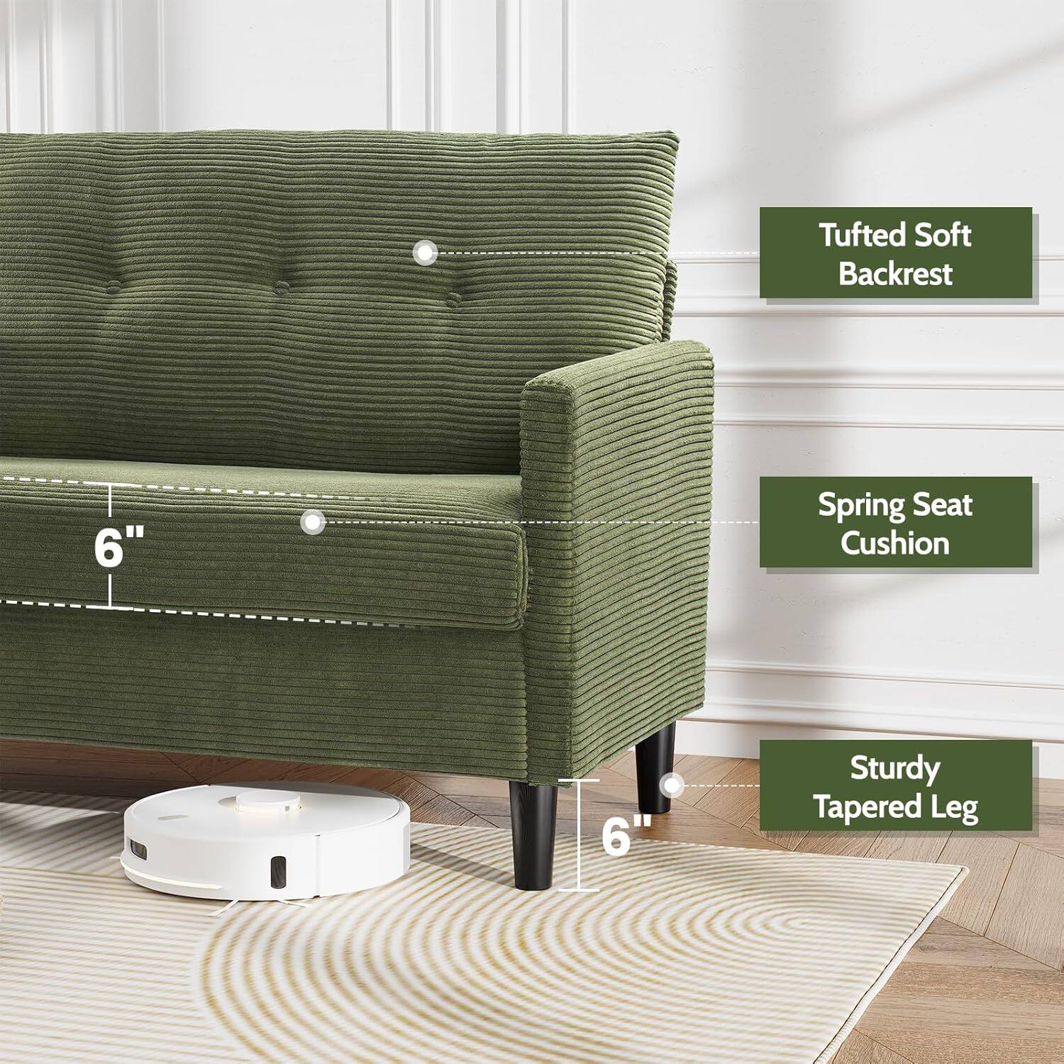 Tufted Soft Backrest  
6" Spring Seat Cushion  
Sturdy Tapered Leg