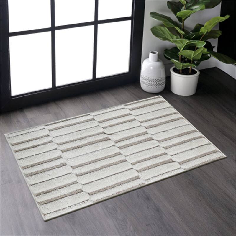 Angle. HTUTWOO - 2'x3' Area Rug - Cream Indoor Carpet, Modern Geometric Pattern, Non Shedding, for Bedroom, Kitchen, Living Room,Doormat - Striped Beige Cream.
