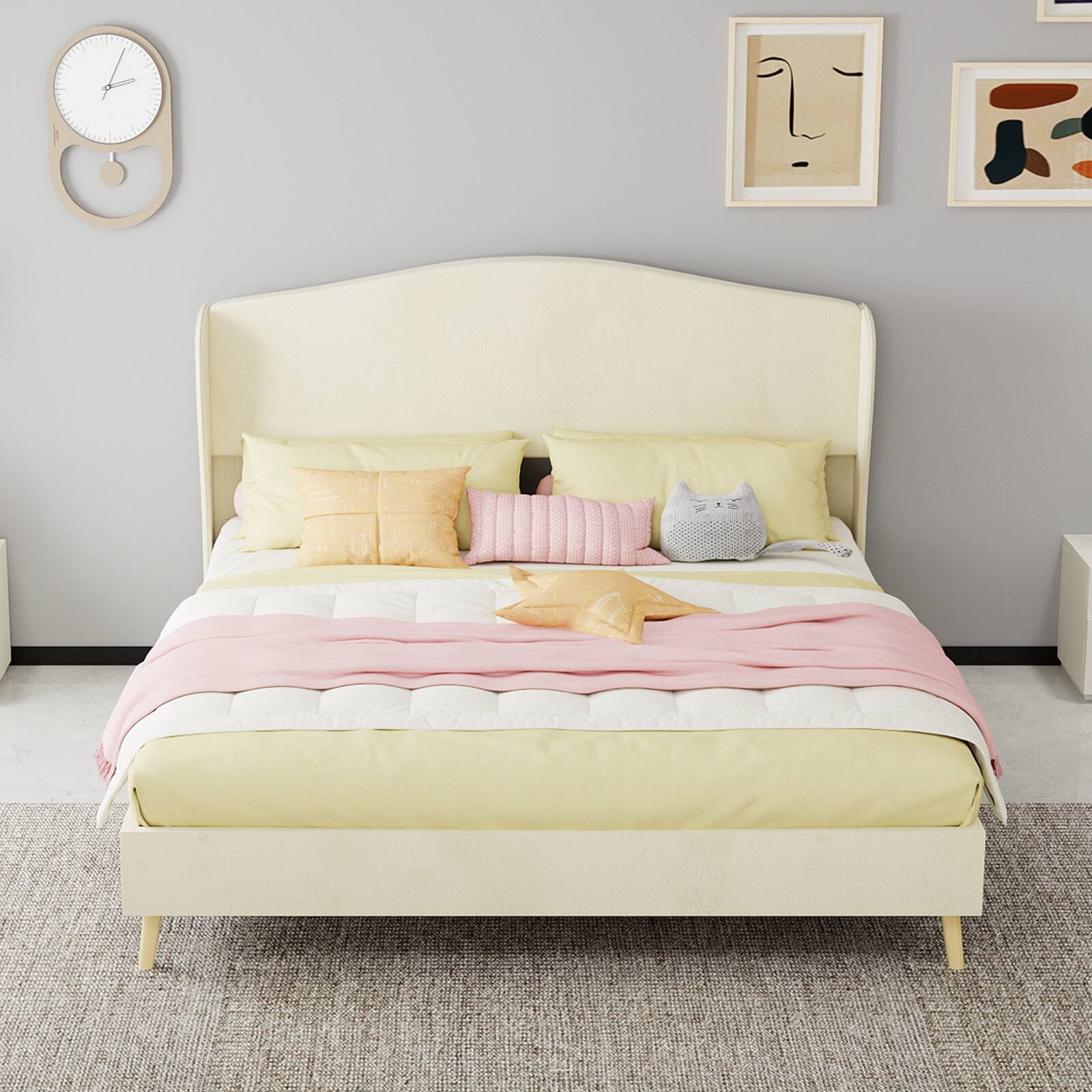 Alt View 2. Loheer - Loheer Beige Velvet Upholstered Queen Bed Frame Sturdy Luxury Bedroom Furniture - Beige.
