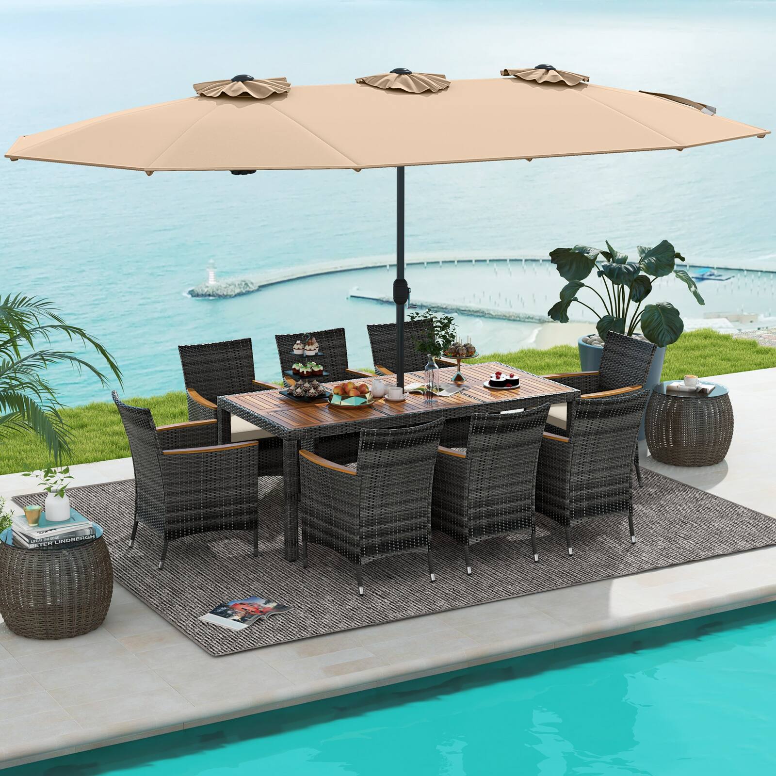 Alt View 1. Costway - 10 Pieces Patio Wicker Dining Set with Double-Sided Patio Umbrella 8 Armchairs - Coffee,Mix Brown.