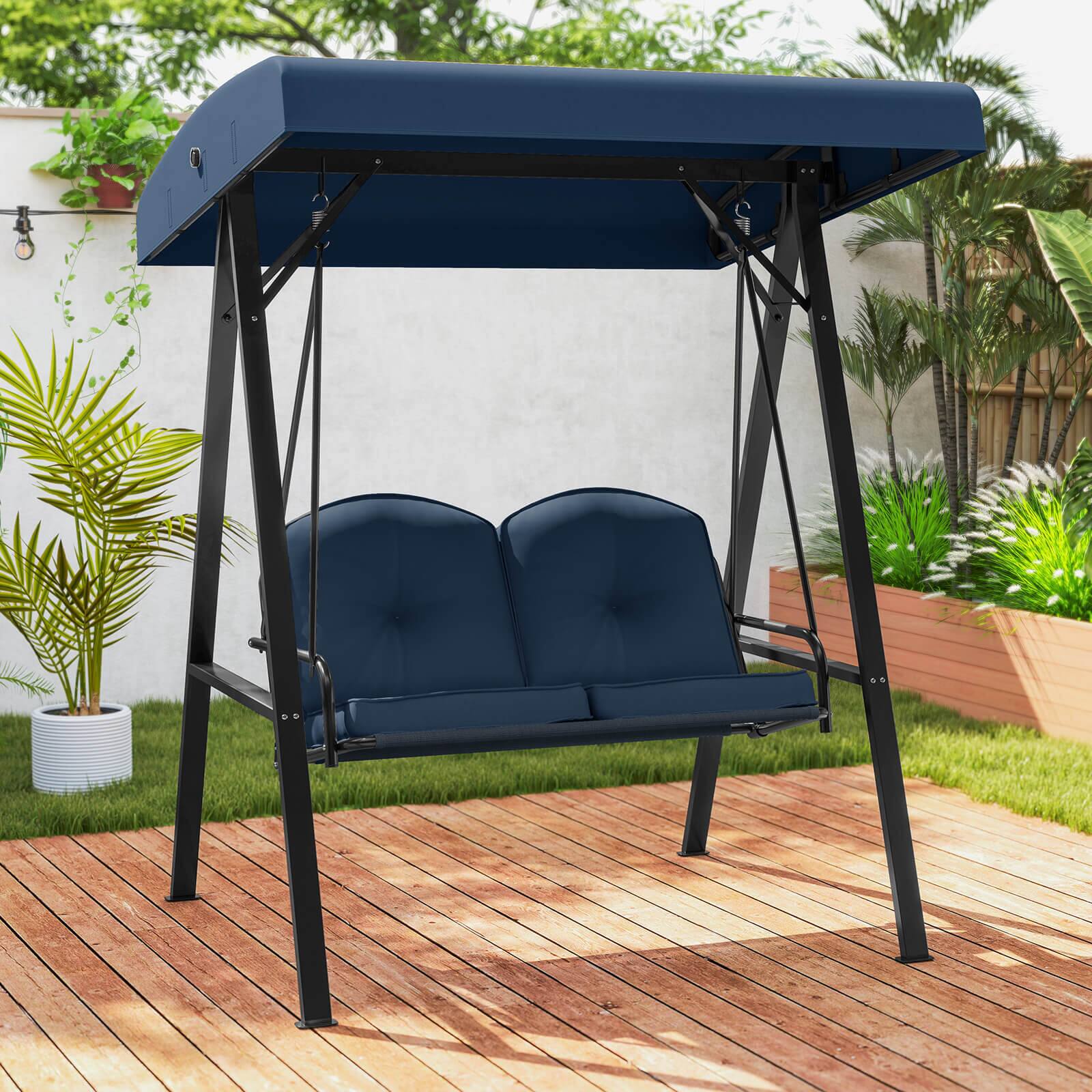 Alt View 1. Costway - Costway 2-Person Outdoor Porch Swing Swing Loveseat with A-Shaped Metal Stand - Navy.