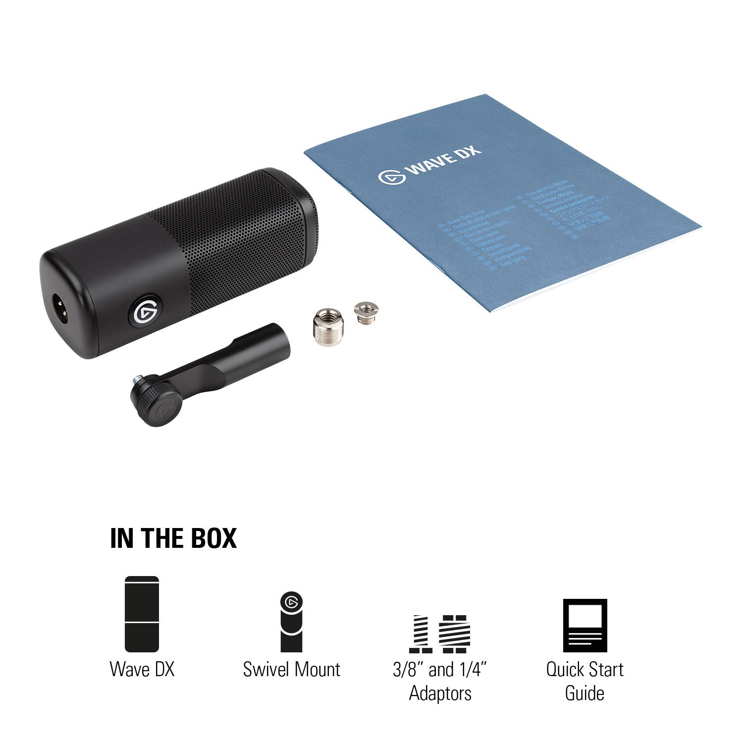 In the box: Wave DX Swivel Mount 3/8" and 1/4" Adaptors Quick Start Guide