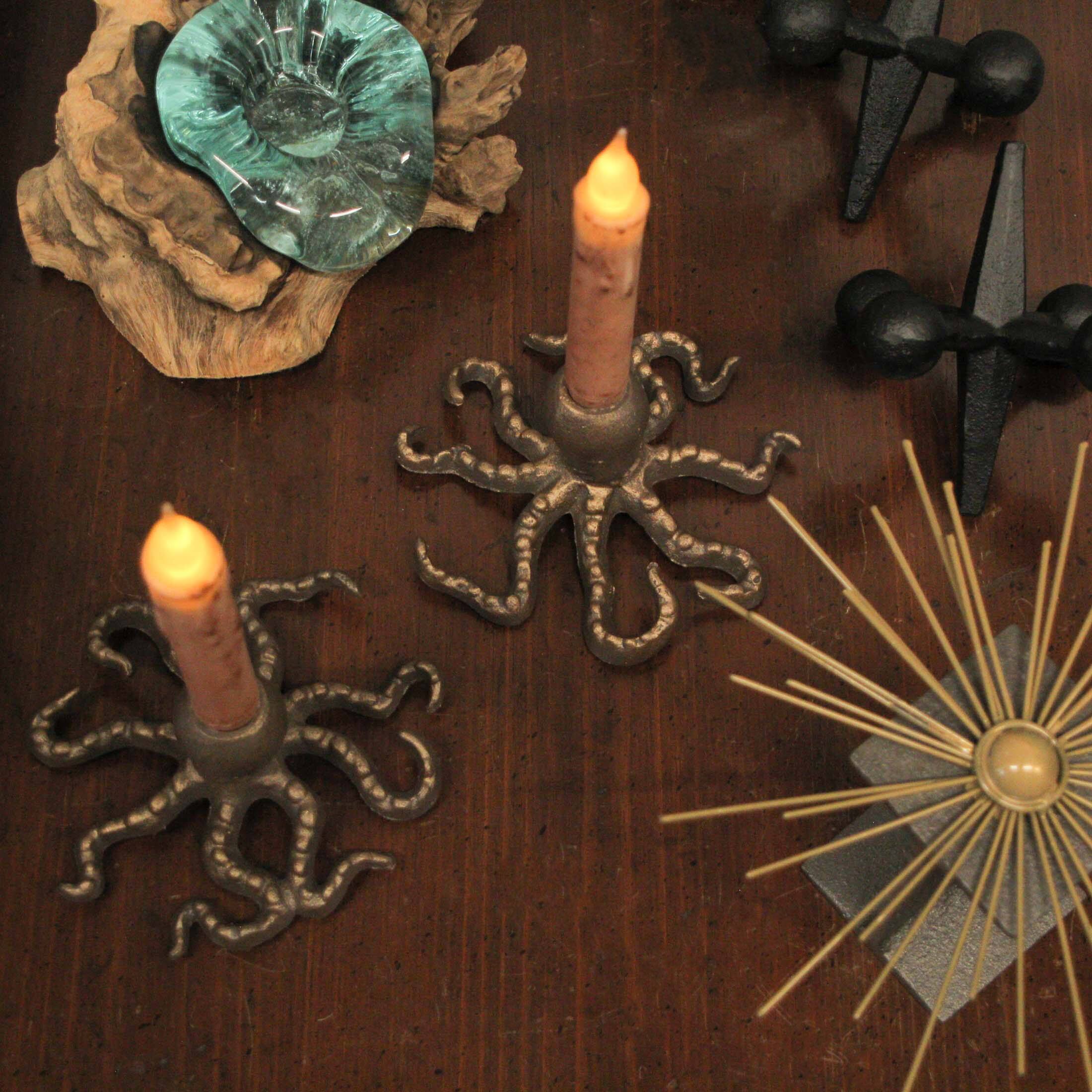 Alt View 4. Zeckos - Set of 2 Octopus Candle Holders – Antique Gold Finish – Nautical Beach Accent - Gold.