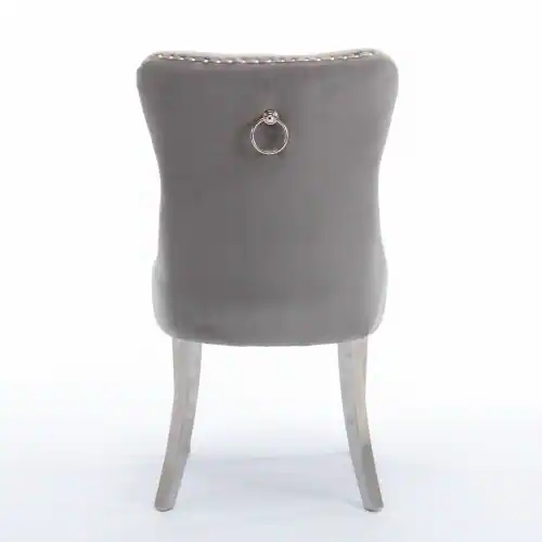 Back. LUCKY ONE - Assembled Tufted Velvet Dining Chair Set of 2 with Chrome Stainless Steel Legs Nailhead Trim - Gray.