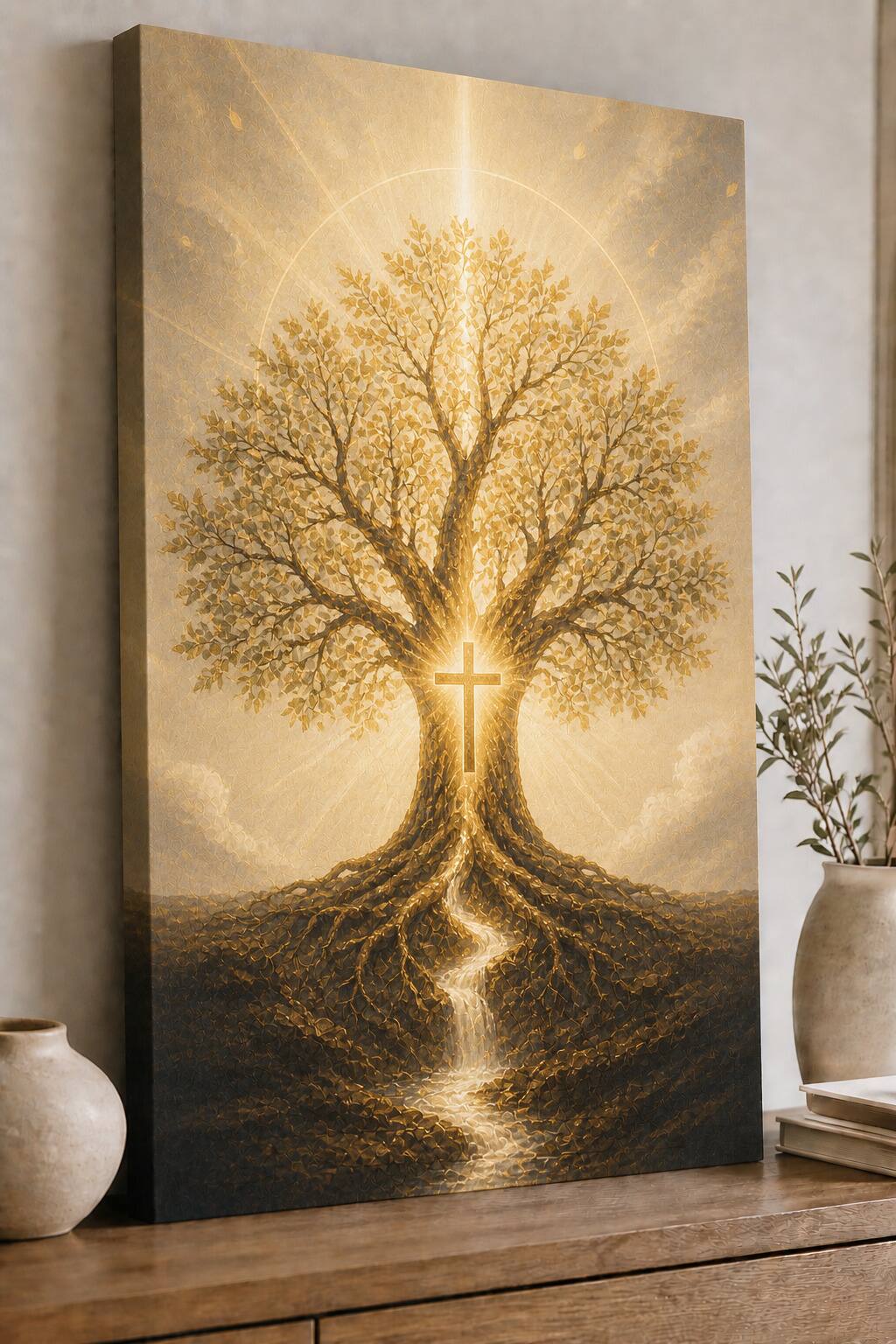 Front. FC Design - Large Radiant Renewal Tree Canvas 24x36" Ready-to-Hang Religious Art Painting Home Wall Decor Gift - MultiColor.