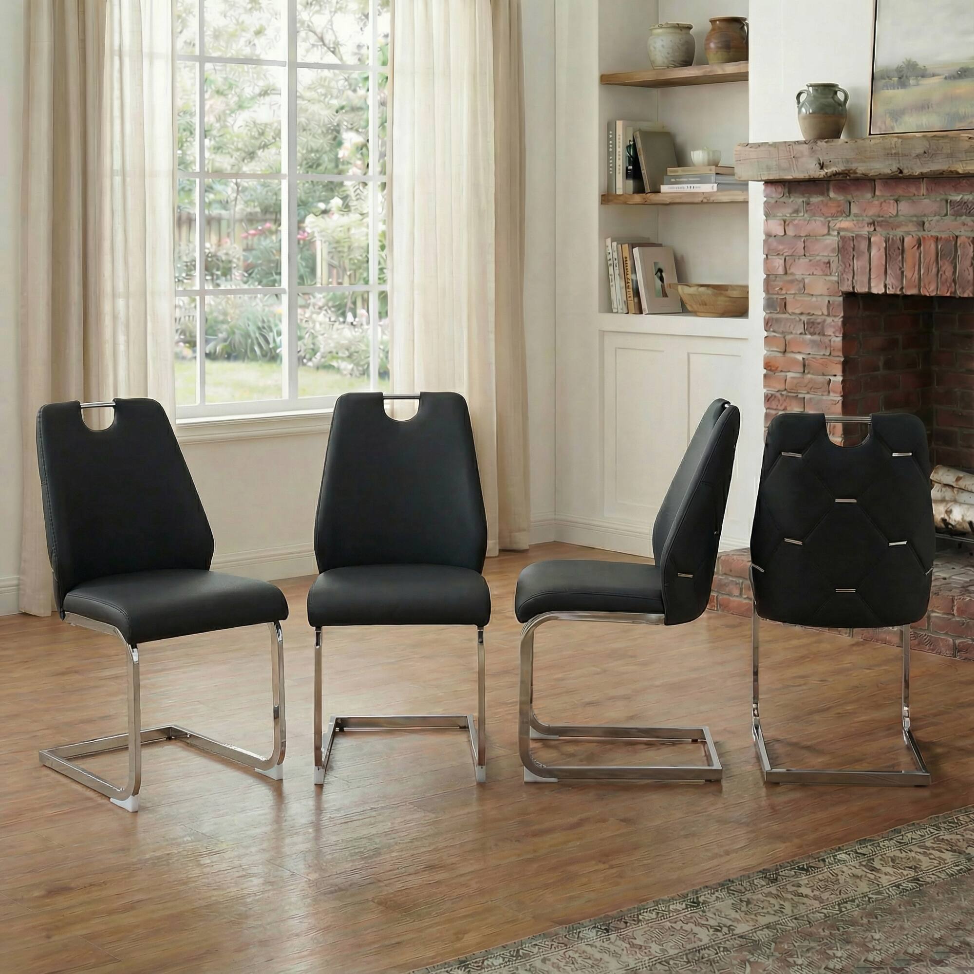 Front. GOODSILO - Set of 4 Modern Faux Leather Dining Chairs with Gold Mesh Texture and Chrome Accents - Black.