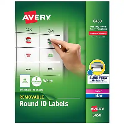 AVERY
6450
Free Easy-to-Use Avery Templates
avery.com/templates
Q3 Q4
SARN
GUONN
BROGIT
LEANDEN
PRASE 2
PRASE 3
63 Labels
1 diameter White
945 labels
15 sheets
REMOVABLE
Round ID Labels
SURE FEED TECHNOLOGY
DESIGNED FOR RELIABLE PRINTING
Laser
Inkjet
AVERY
6450