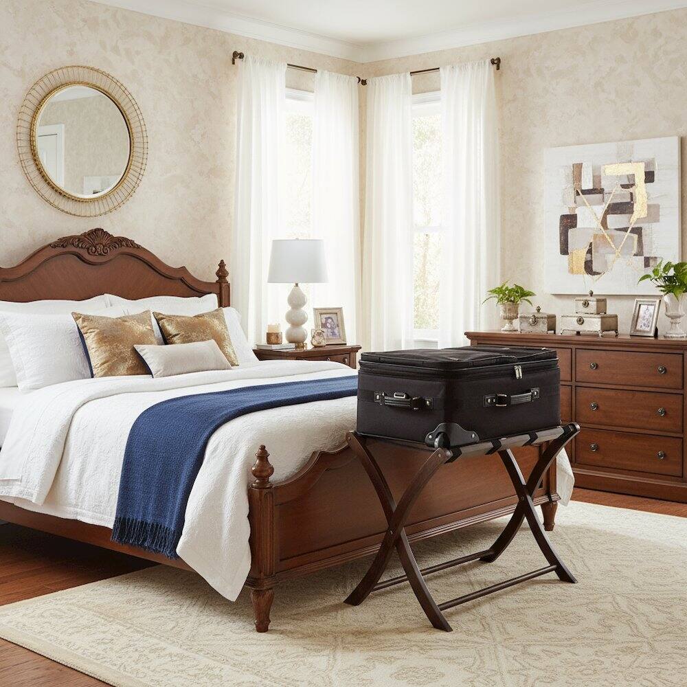 Alt View 1. FurniFact - Walnut Brown Solid Wood Folding Luggage Rack for Suitcases with Sturdy Straps - Walnut.