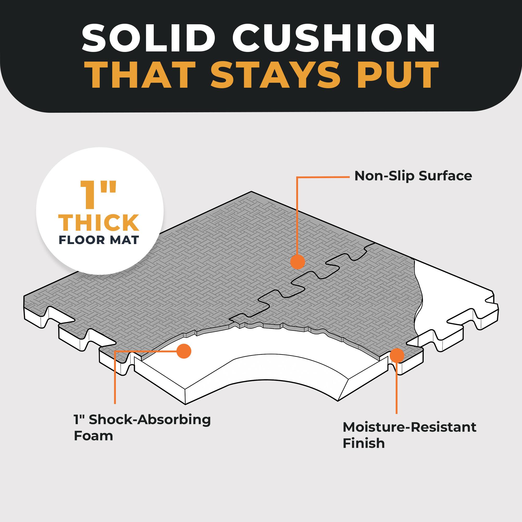 SOLID CUSHION THAT STAYS PUT

"THICK FLOOR MAT
Non-Slip Surface
1" Shock-Absorbing Foam
Moisture-Resistant Finish