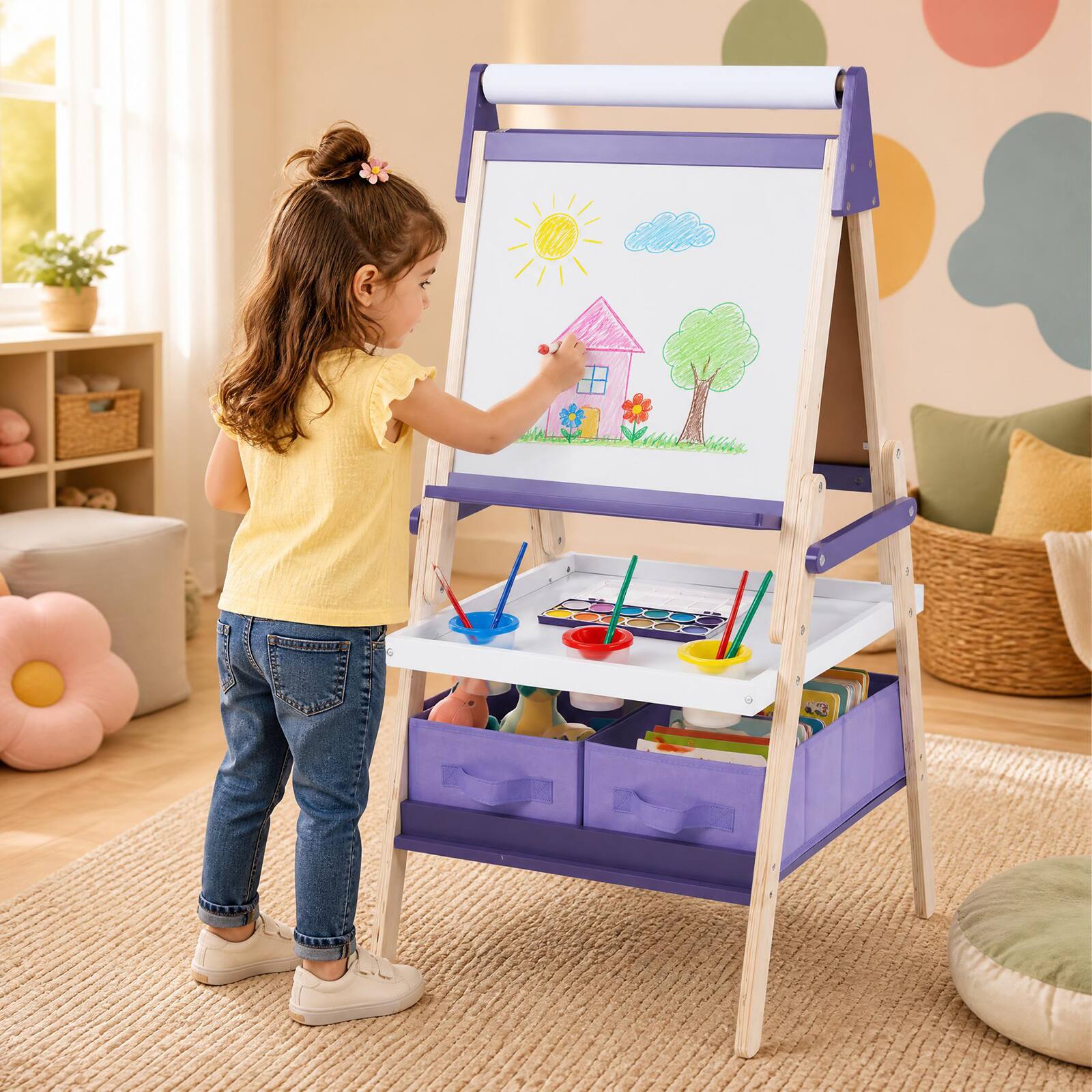Alt View 1. Costway - Costway Easel for Kid, Double-sided Kids Easel with Magnetic Whiteboard & Chalkboard - Purple.