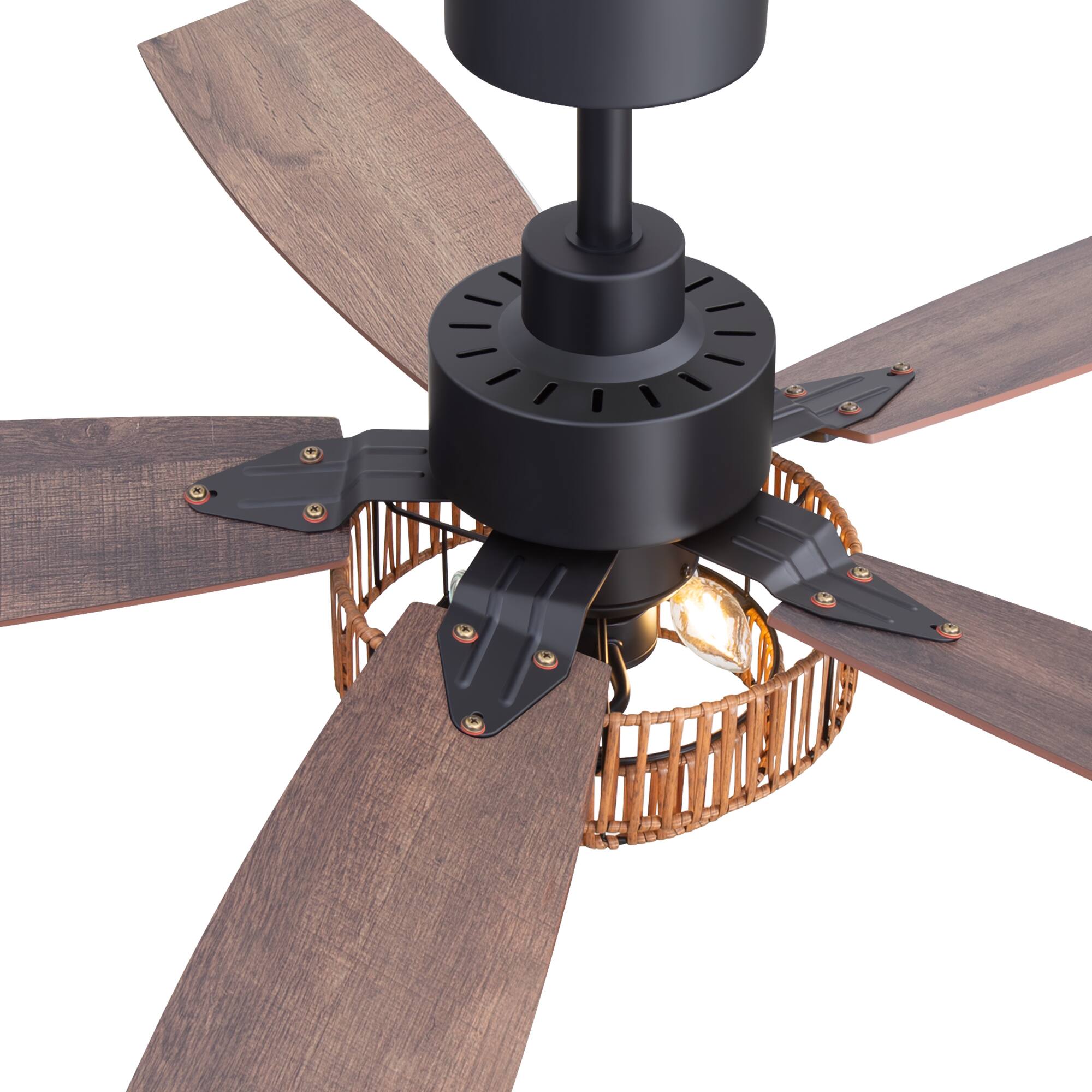 Alt View 8. Breezary - Breezary 52-in Ceiling Fan with Two-Tier Rattan Basket Shade, Dual-finish blades, Timer, DC Motor, Remote & 6″ Downrod - Black and Deep Walnut.