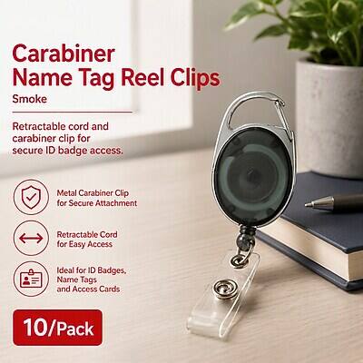 Carabiner Name Tag Reel Clips Smoke

Retractable cord and carabiner clip for secure ID badge access.

Metal Carabiner Clip for Secure Attachment

Retractable Cord for Easy Access

Ideal for ID Badges, Name Tags and Access Cards

10/Pack
