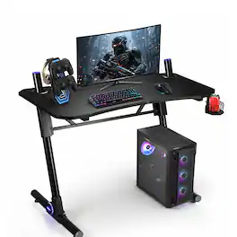 WELLFOR - 43.5" Height Adjustable Gaming Desk with LED Light, Computer Desk with Cup Holder - Black